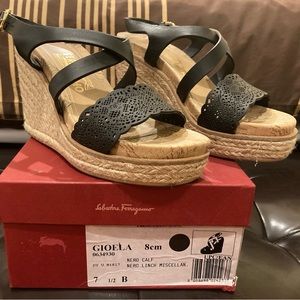 Authentic Salvatore Ferragamo 4 inch black wedge sandals. Size 7.5B